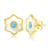 Sterling Silver Larimar & Mother of Pearl Flower Stud Earrings - Gold Plated