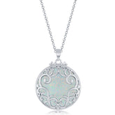 Sterling Silver Filigree Design Round Pendant w/Chain - White Opal