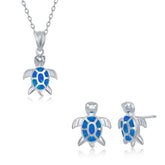 Sterling Silver, Blue Inlay Opal Necklace and Earrings Set - Turtle