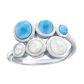 Steling Silver, Graduating Round MOP & Larimar Bypass Ring
