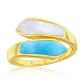 Steling Silver, MOP & Larimar Bypass Ring - Gold Plated