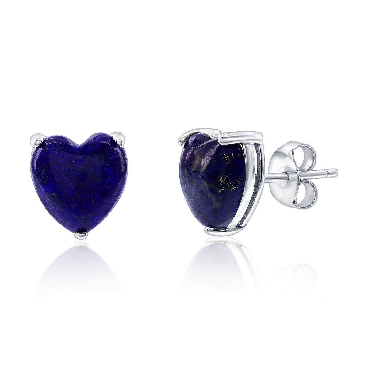 Sterling Silver, 3-Prong Heart Stud Earrings