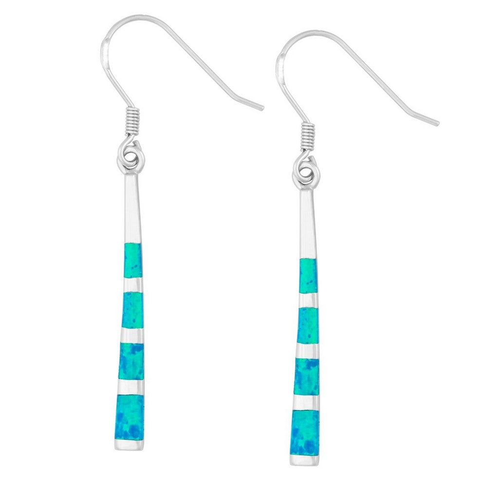 Sterling Silver Thin Long Blue Inlay Opal Long Dangling Earrings