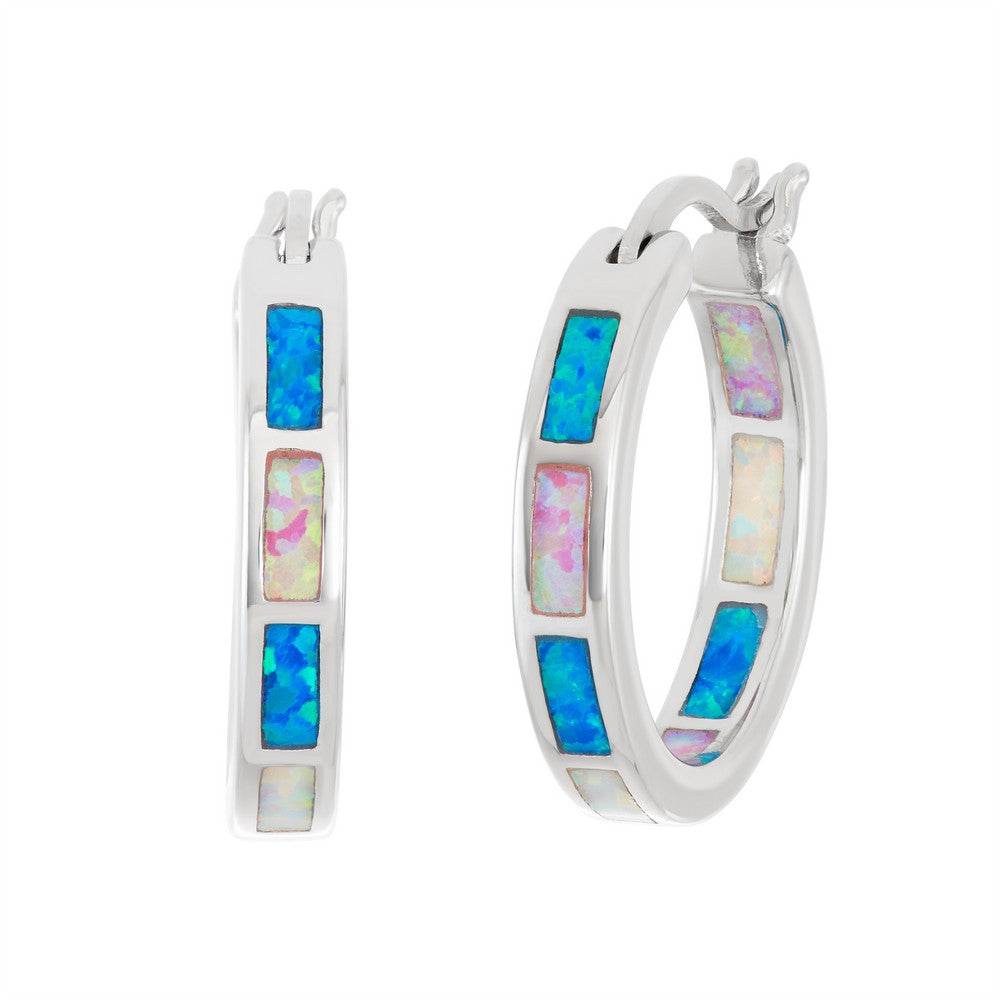 Sterling Silver, Opal Hoop Earrings - White, Pink, Blue