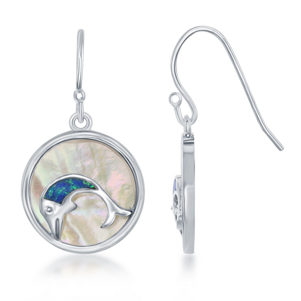 Sterling Silver Round MOP with Blue Inlay Opal Dolphin Earrings