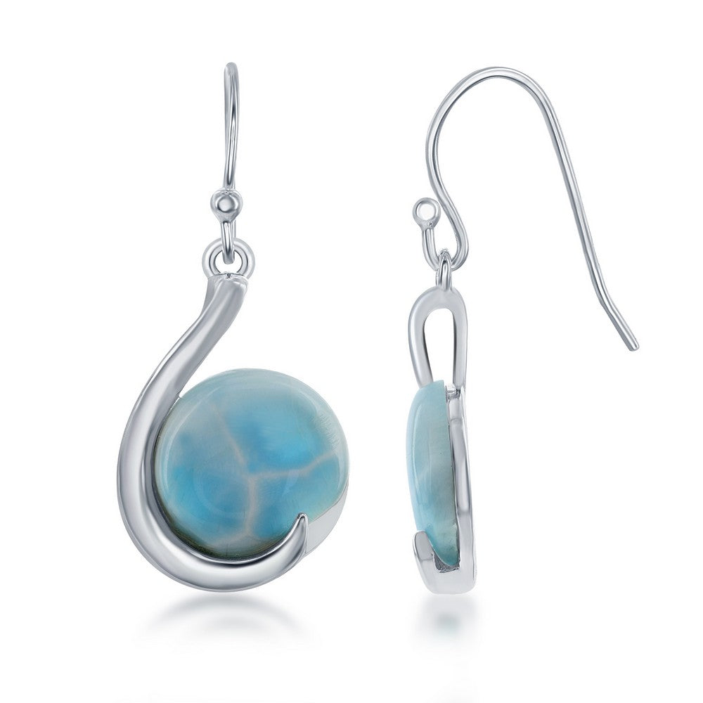 Sterling Silver, Round Larimar in Teardrop Dangling Earrings