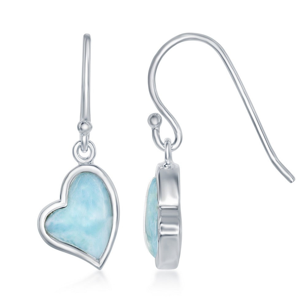 Sterling Silver, Larimar Heart with Fish hook Dangling Earrings