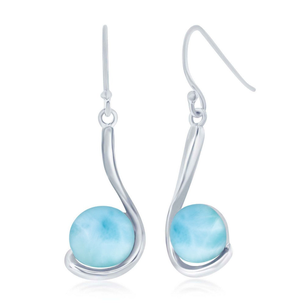 Sterling Silver, Round Larimar In Swirl Design Dangle Earrings
