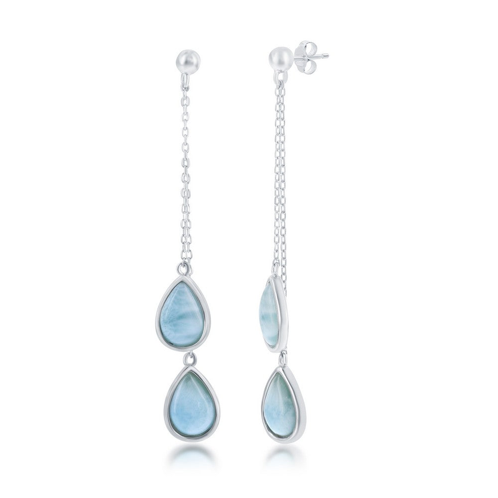 Sterling Silver, Double Pear-Shaped Larimar Dangling Chain Earrings
