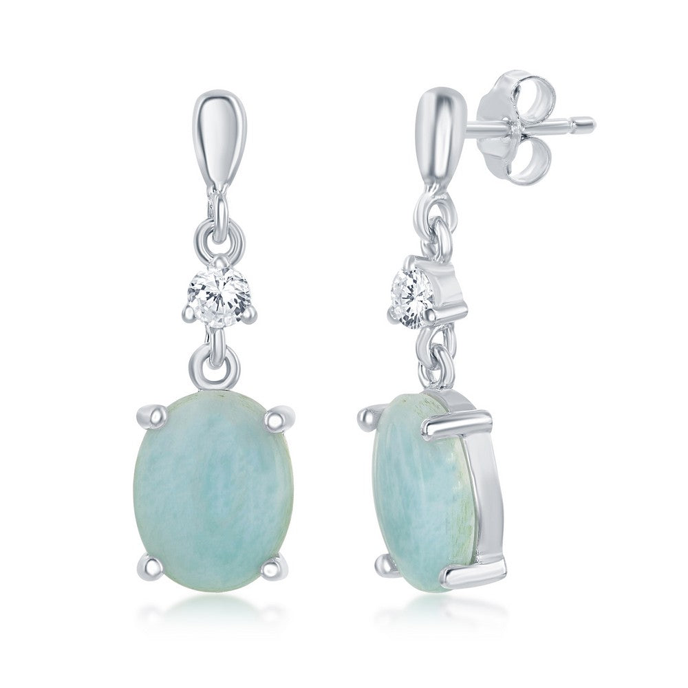 Sterling Silver, Four-Prong Oval Larimar with CZ Dangle Earrings
