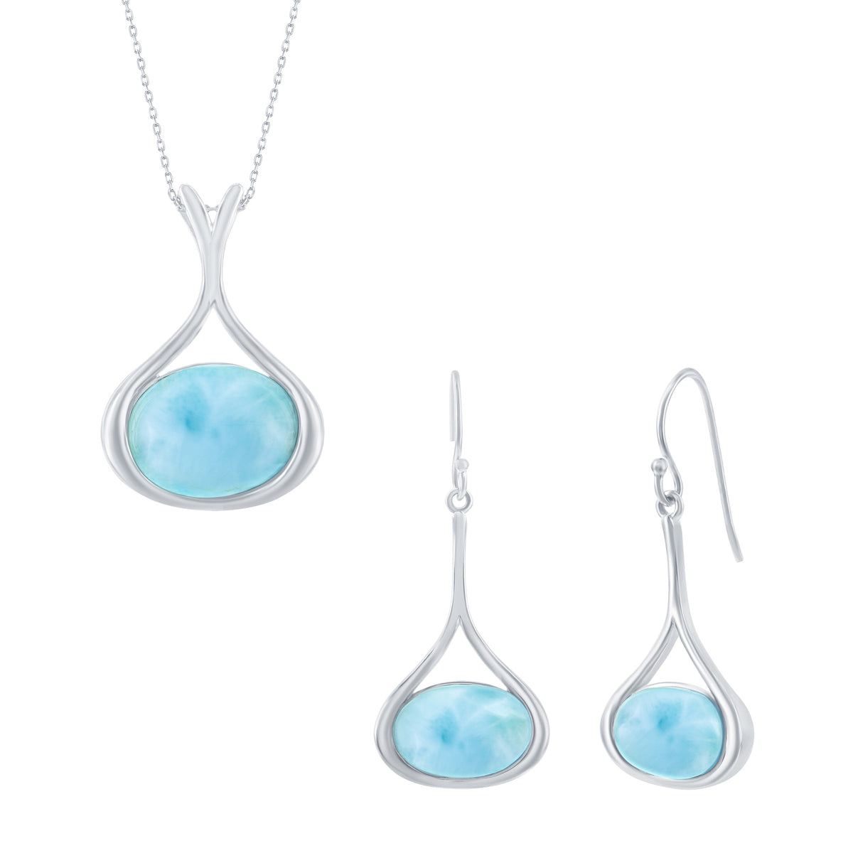 Sterling Silver Long Oval Larimar Earrings & Necklace Set