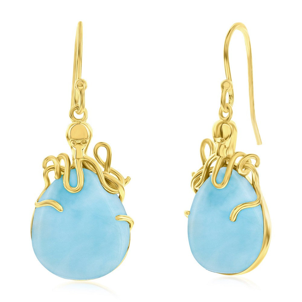 Sterling Silver, Pear-Shaped 'Premium Larimar' Octopus Earrings - Gold Plated