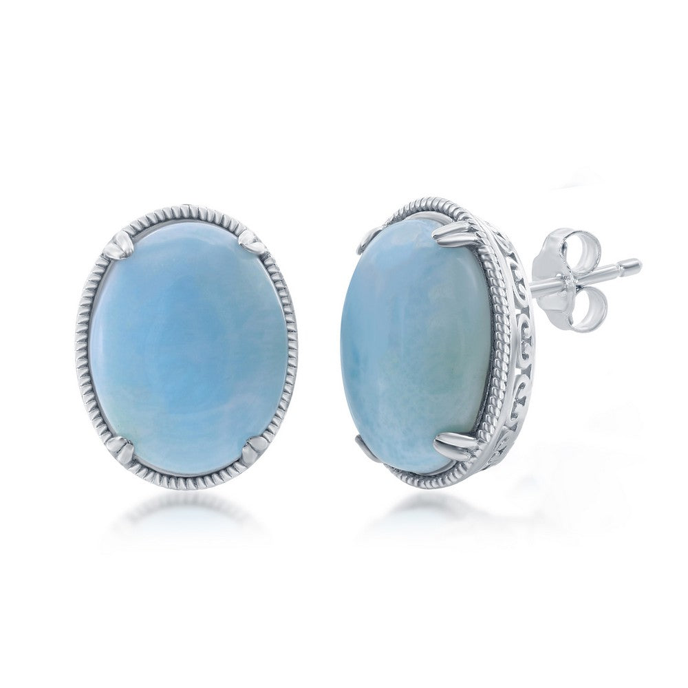 Sterling Silver, Oval Larimar Filigree Design Stud Earrings
