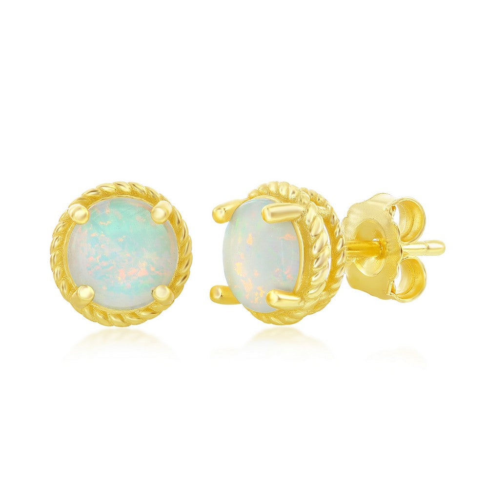 Sterling Silver, 9mm White Opal Rope Design Border Stud Earrings - Gold Plated