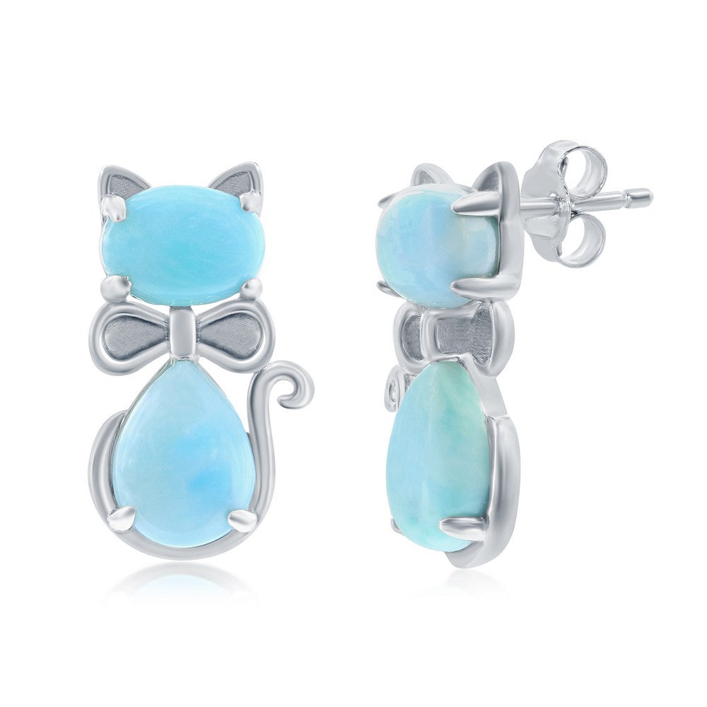 Sterling Silver, Larimar Cat Stud Earrings