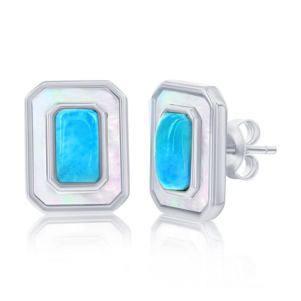 Sterling Silver Larimar & Mother of Pearl Rectangle Stud Earrings