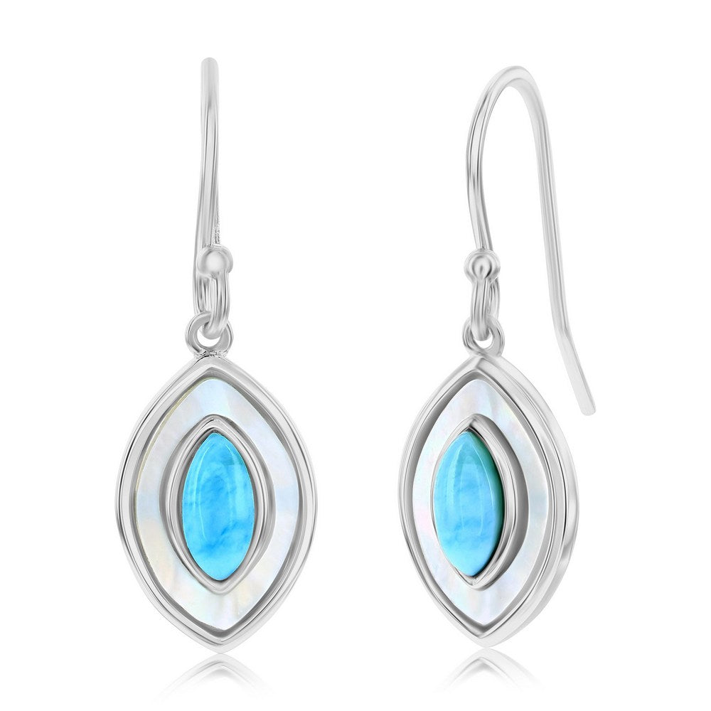 Sterling Silver Mother of Pearl & Larimar Marquise Dangle Earrings