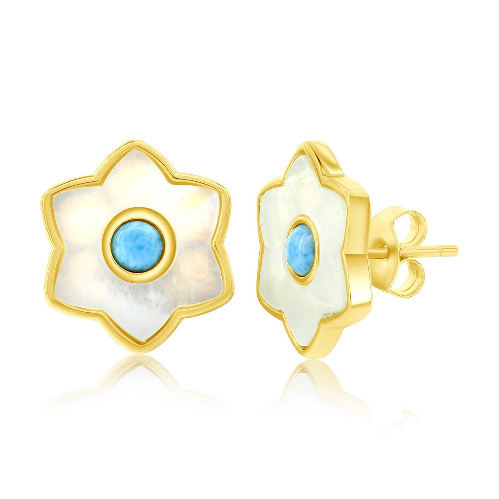 Sterling Silver Larimar & Mother of Pearl Flower Stud Earrings - Gold Plated