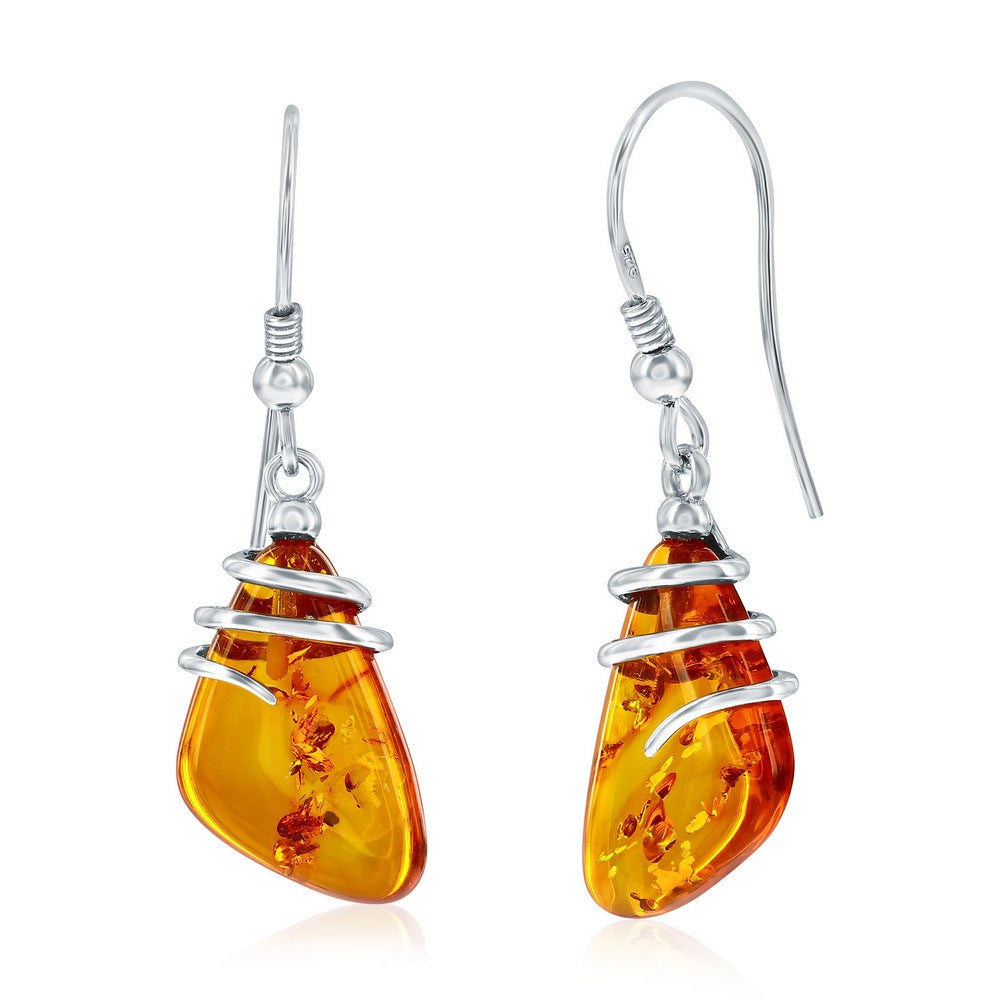 Sterling Silver, Irregular Shaped Amber Dangle Earrings