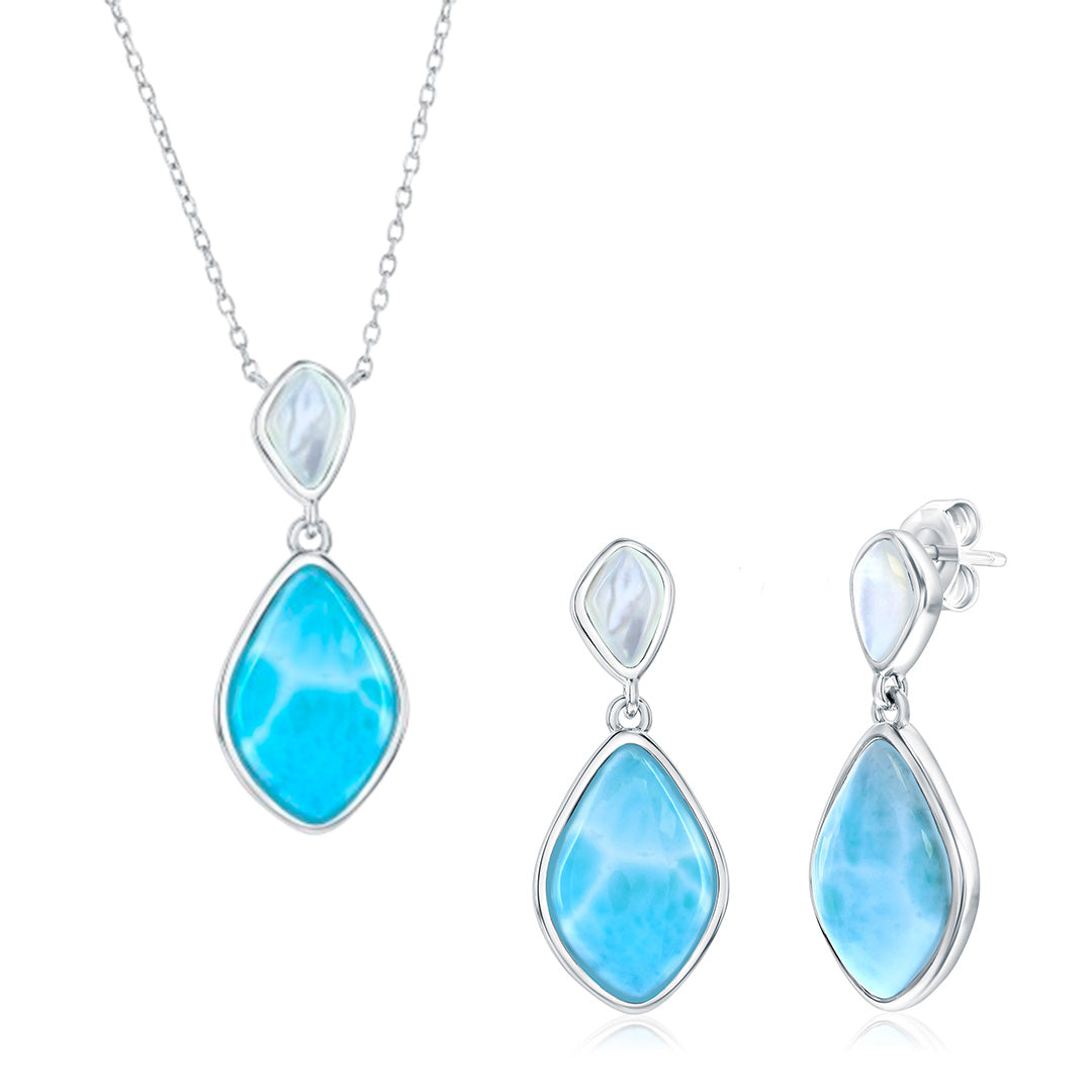 Sterling Silver Mother of Pearl & Larimar Necklace & Earrings Set