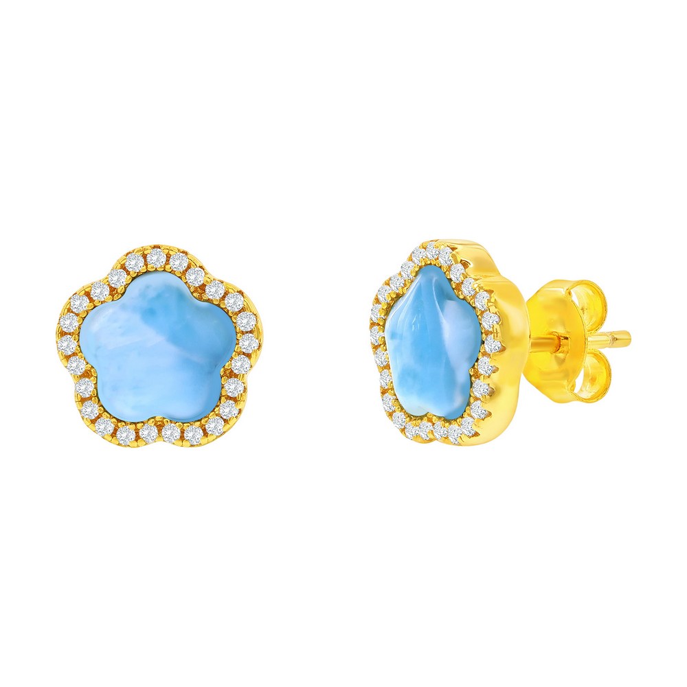Sterling Silver, Flower Larimar, CZ Outline Studs - Gold Plated