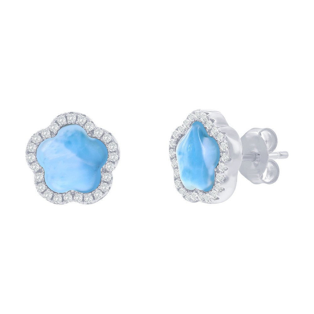 Sterling Silver, Flower Larimar, CZ Outline Studs