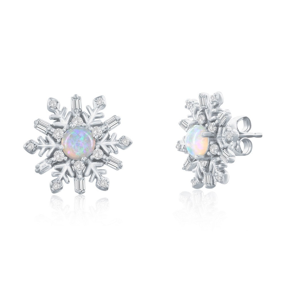 Sterling Silver, Opal & CZ Snowflake Studs