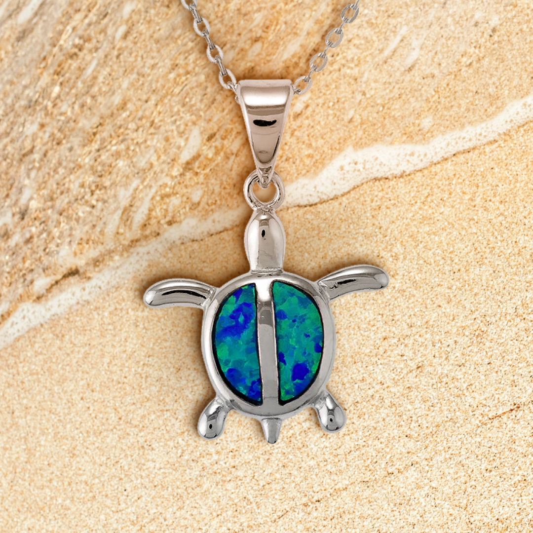 Hatchling's First Swim Blue Opal Turtle Pendant