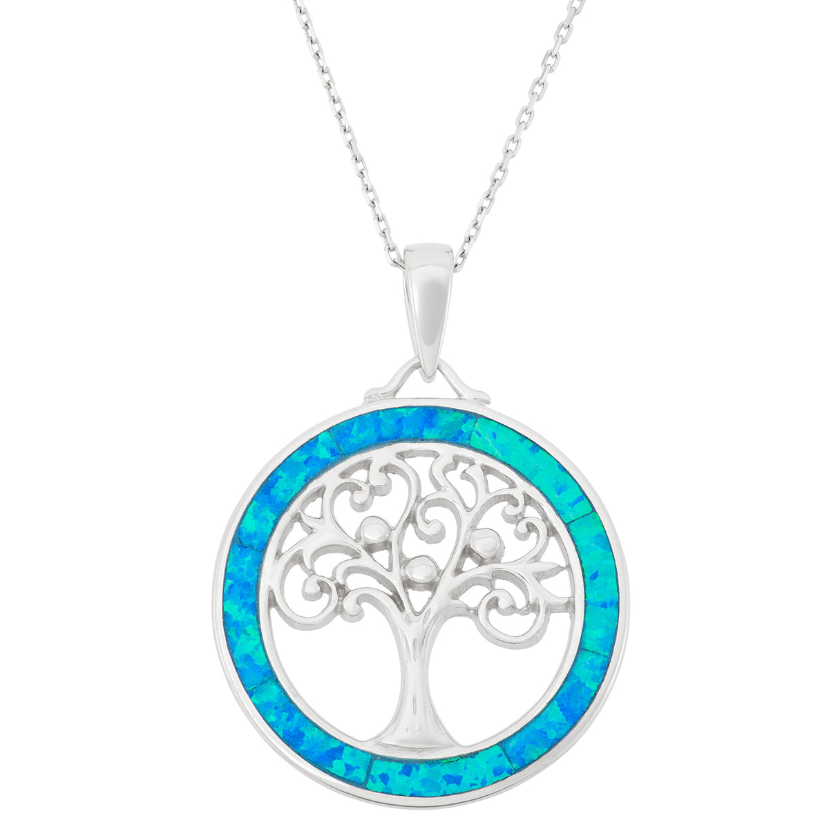 Sterling Silver Blue Inlay Opal Open Tree of Life Necklace