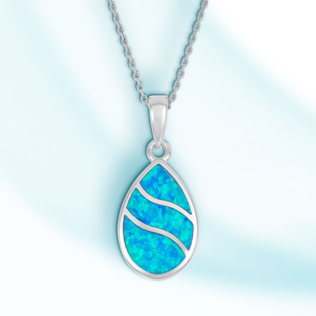 Ocean's Teardrop Blue Opal Wavy Pendant