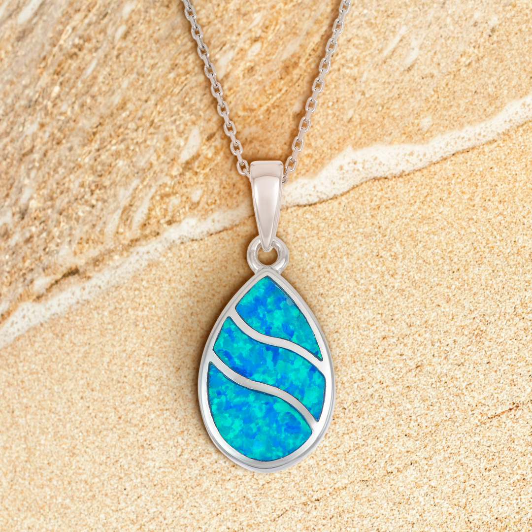 Ocean's Teardrop Blue Opal Wavy Pendant