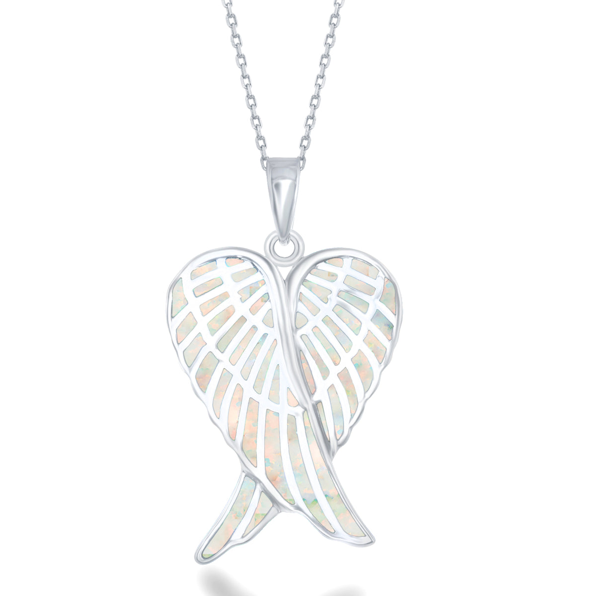 Sterling Silver White Inlay Opal Angel Wings Necklace