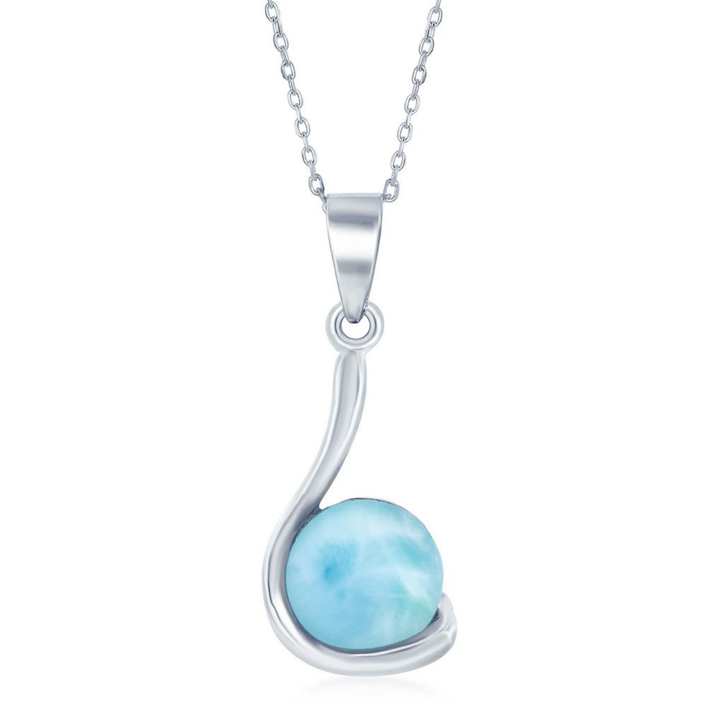 Sterling Silver, Open Top with Round Larimar In Swirl Design Pendant