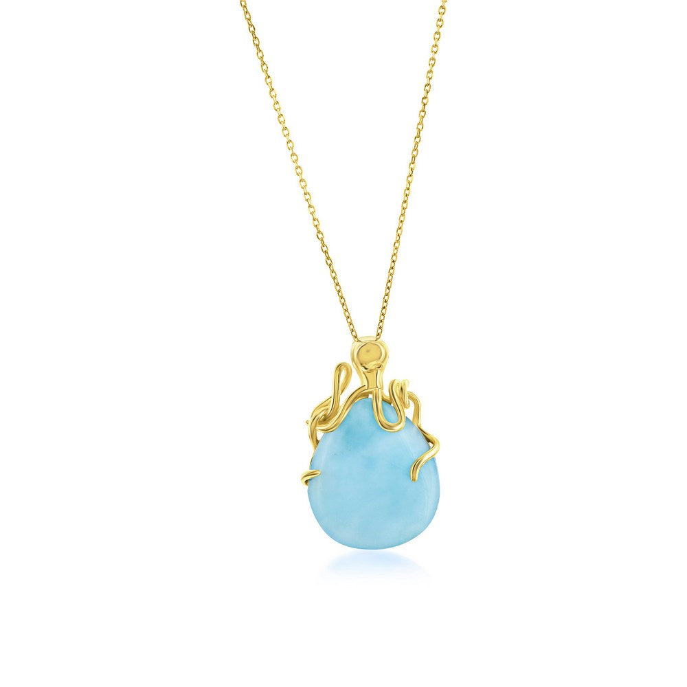 Sterling Silver, Pear-Shaped 'Premium Larimar' Octopus Necklace - Gold Plated