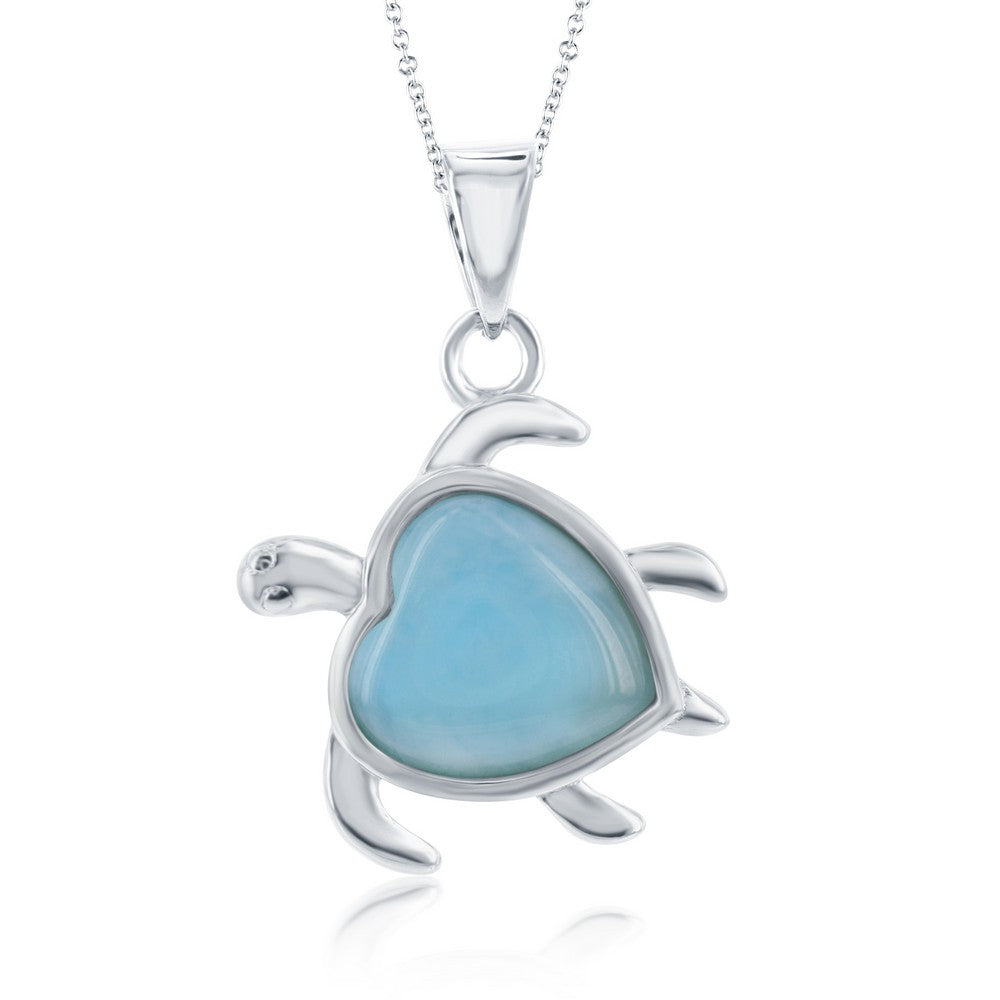 Sterling Silver, Heart-Shaped Larimar Turtle Pendant