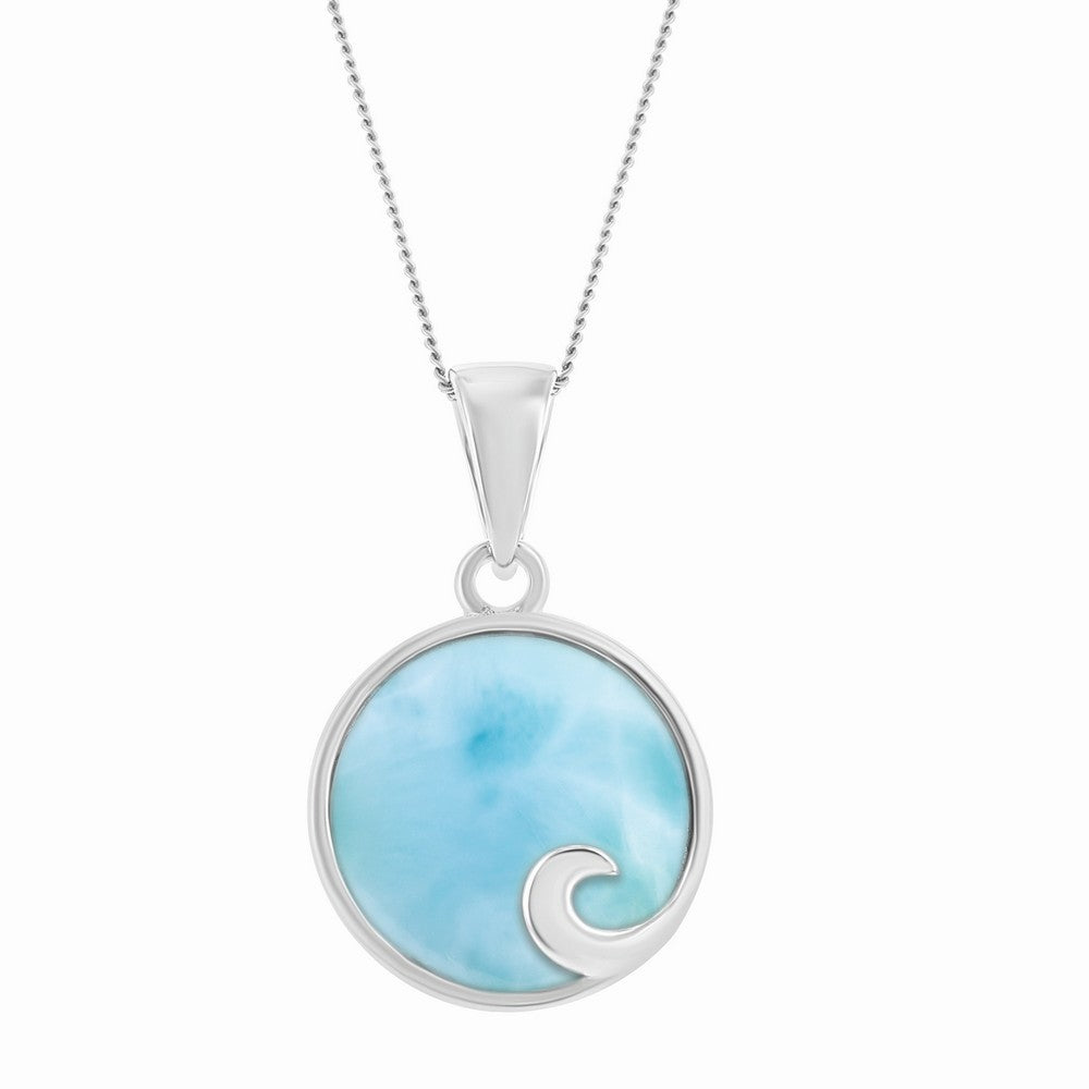 Sterling Silver, Round Larimar Wave Design Pendant