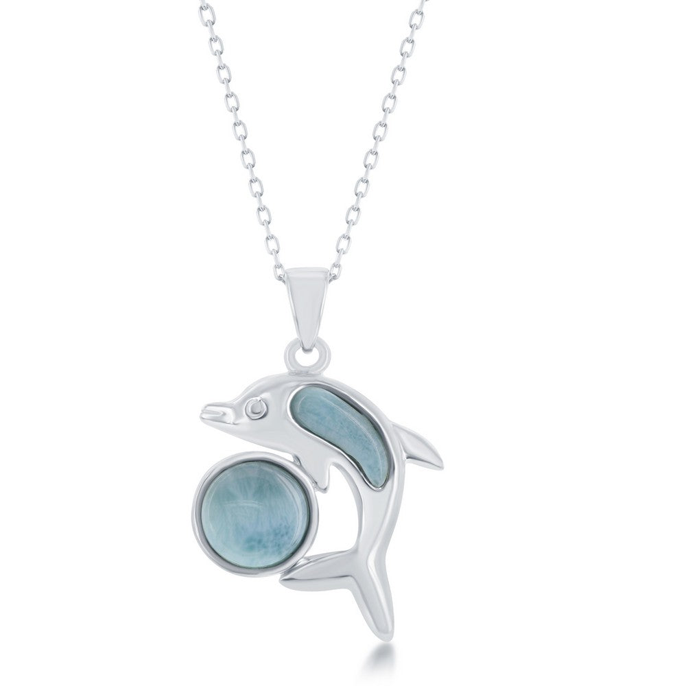 Sterling Silver, Bezel-Set Round Larimar with Larimar Dolphin Pendant