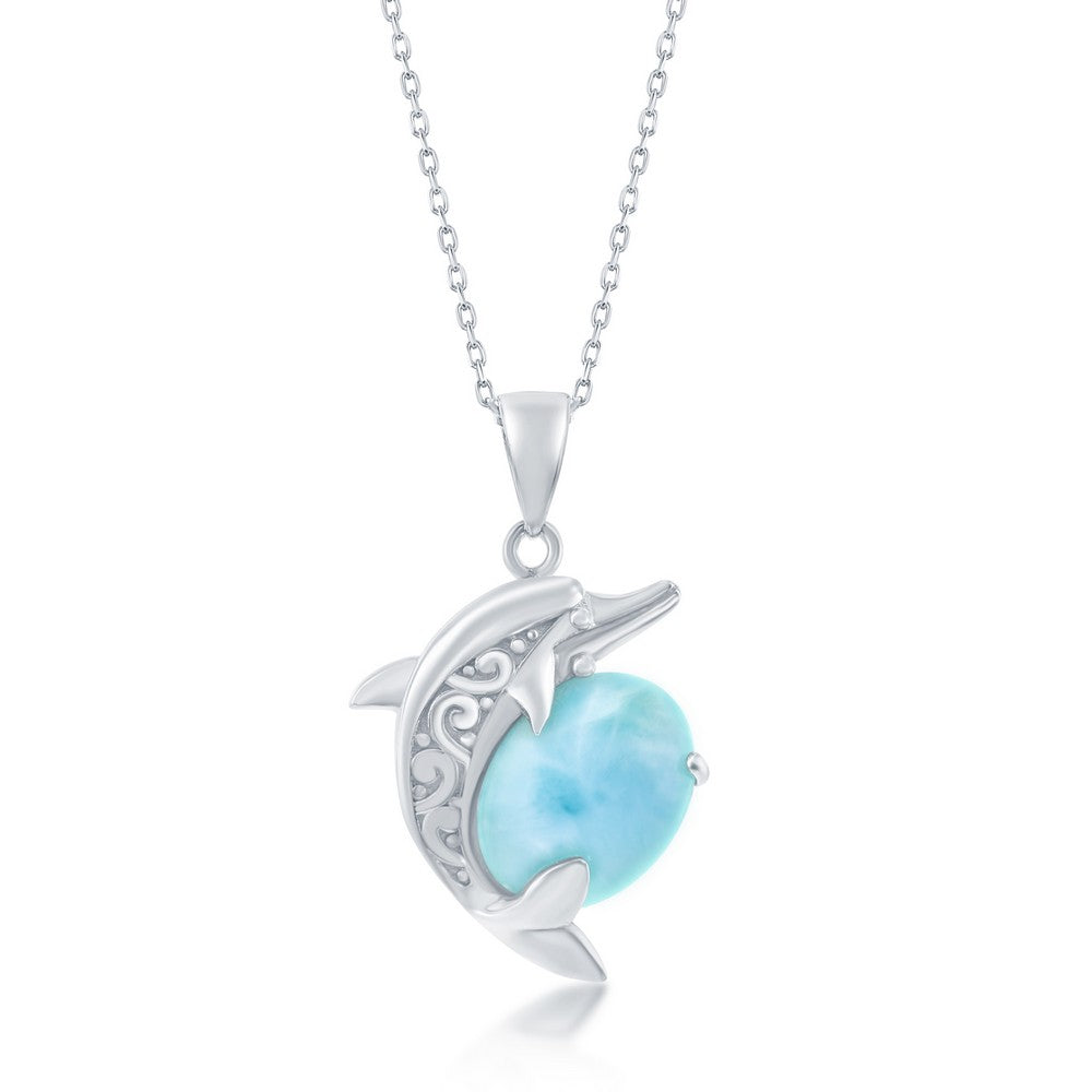 Sterling Silver Designed Dolphin Larimar Necklace