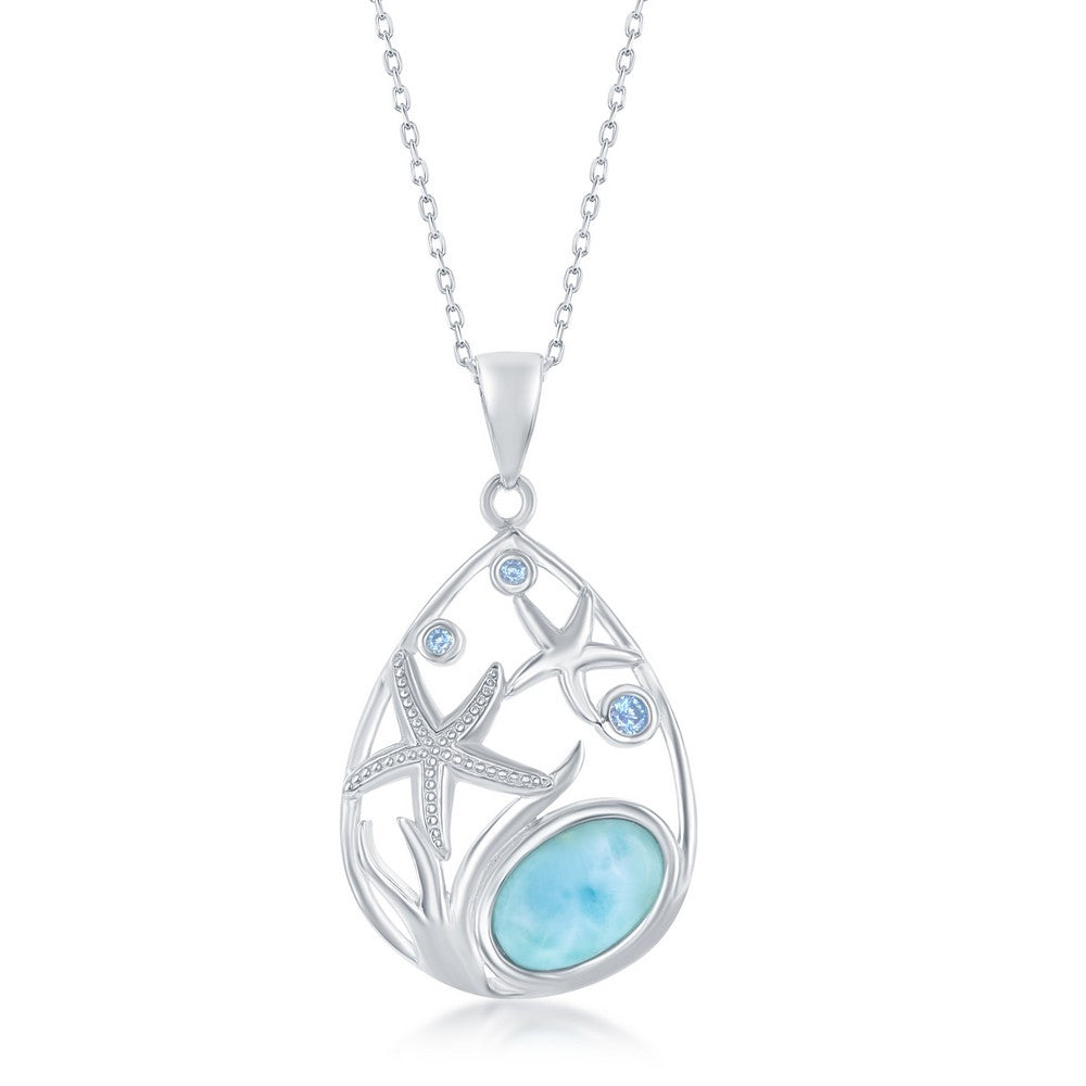 Sterling Silver, pear-Shaped Starfish Blue CZ and Larimar Pendant