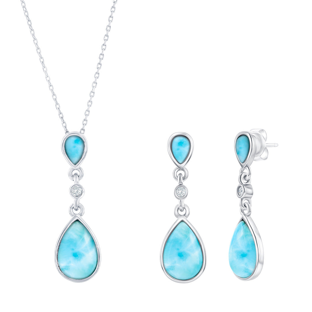 Sterling Silver Larimar & CZ Pearshape Necklace & Earring Set