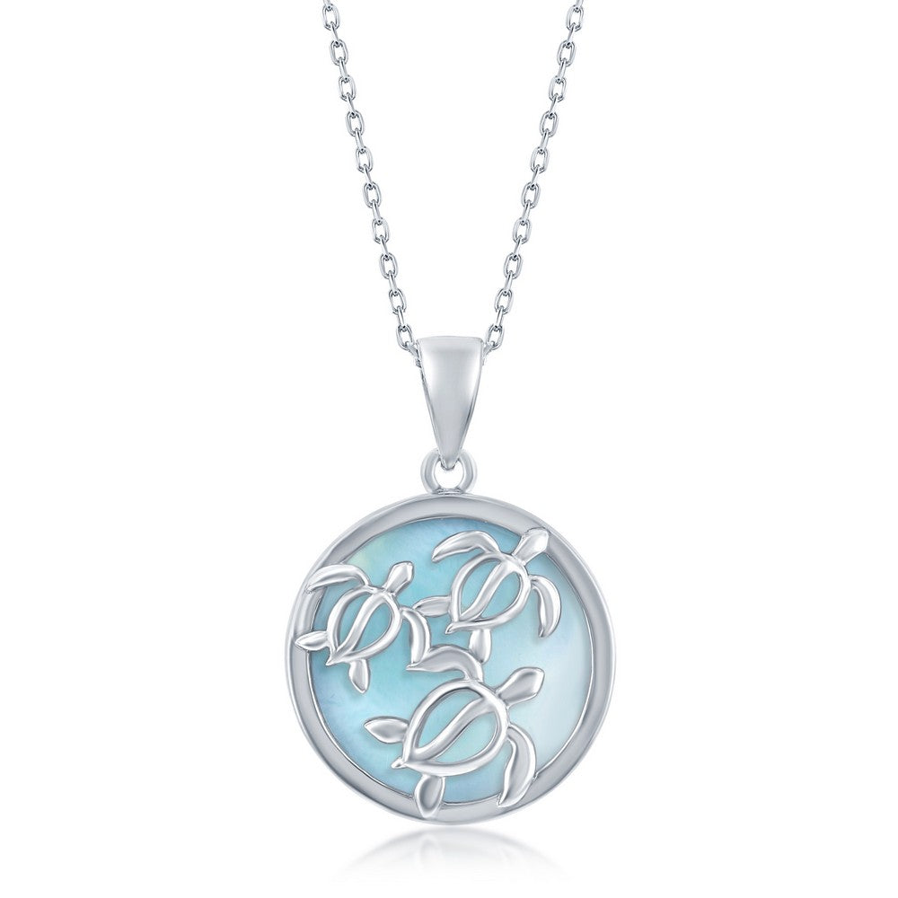 Sterling Silver, Round Larimar Turtles Necklace