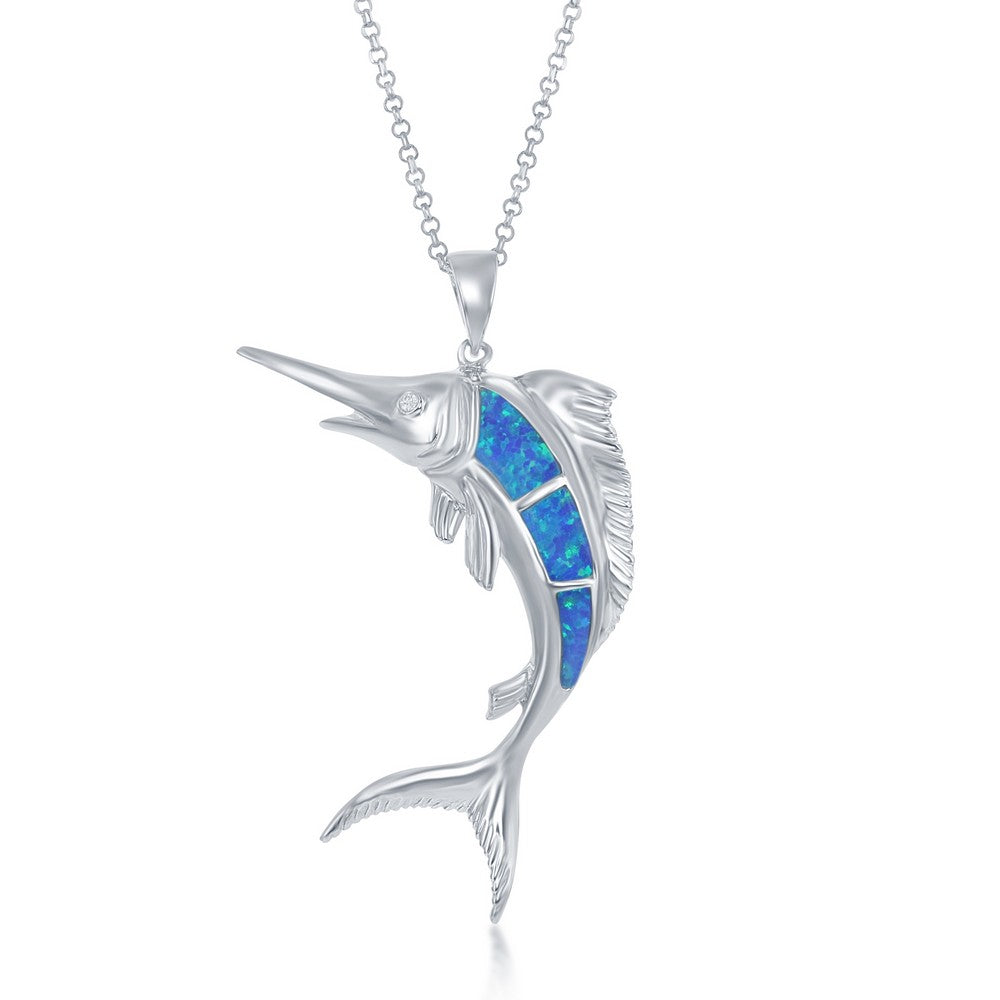 Sterling Silver, Blue Opal Marlin Fish Pendant