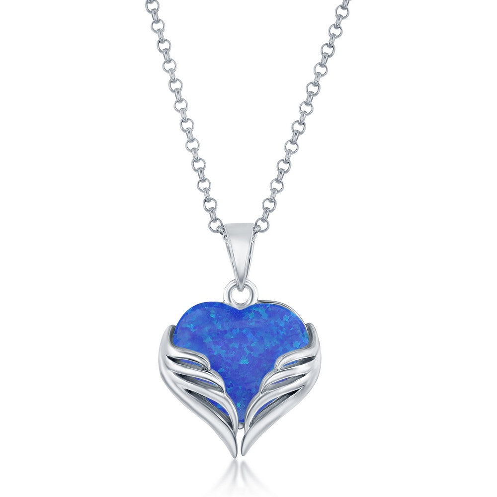 Sterling Silver, Blue Opal Heart Angel Wings Pendant