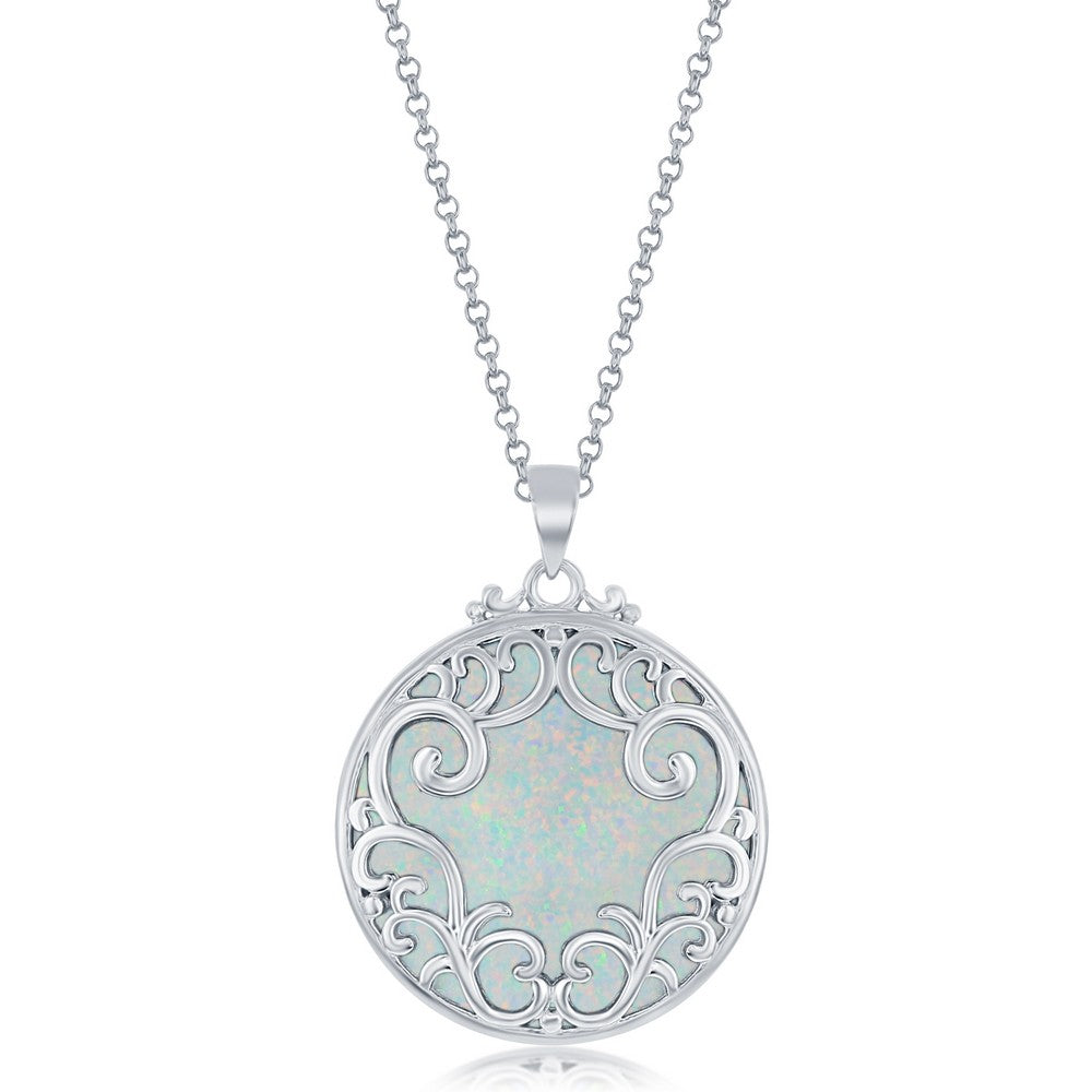 Sterling Silver Filigree Design Round Pendant w/Chain - White Opal