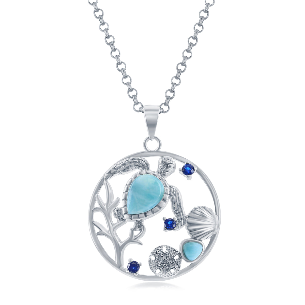 Sterling Silver Turtle, Seashell, Sand Dollar Larimar & CZ Round Necklace