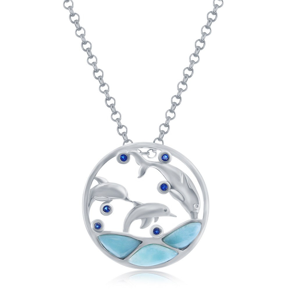 Sterling Silver, Larimar & CZ Diving Dolphins Round Necklace