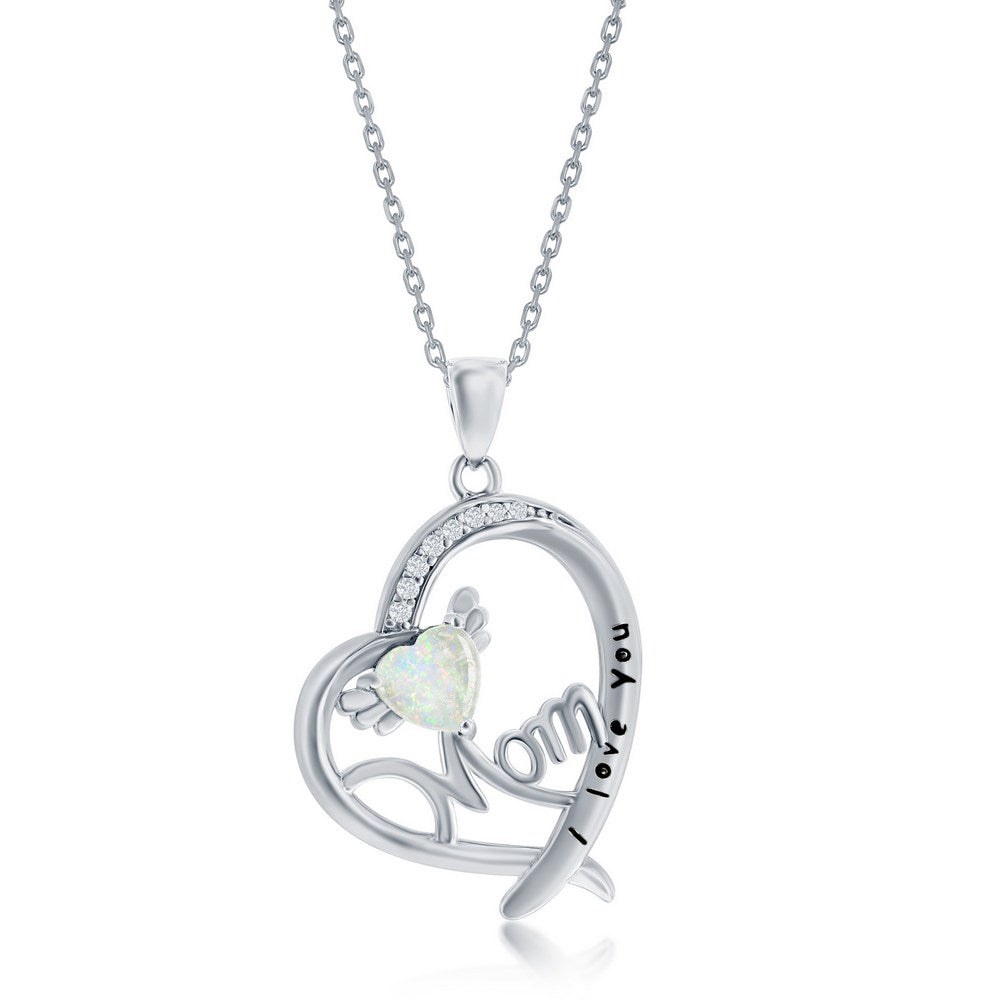Sterling Silver, 'I Love You Mom' Angel Wing, CZ Heart Necklace - White Opal