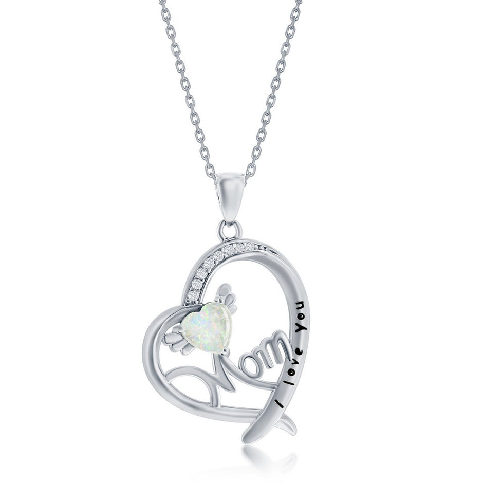 Sterling Silver, 'I Love You Mom' Angel Wing, CZ Heart Necklace