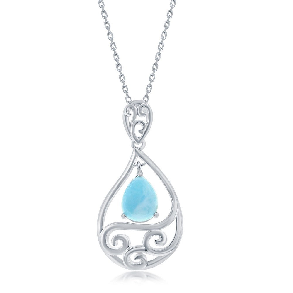 Sterling Silver, Dangling Pearshaped Larimar and Waves Necklace