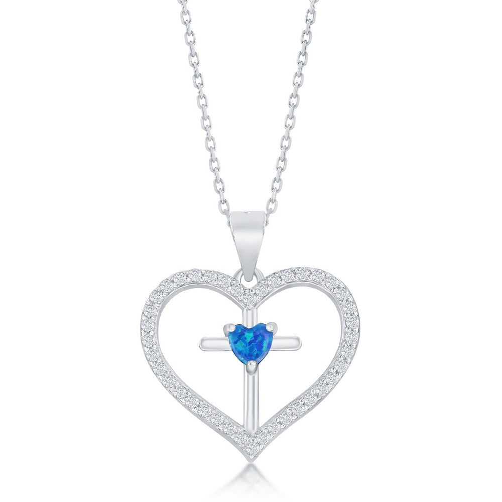 Sterling Silver, CZ Cross Heart Pendant - Blue Opal
